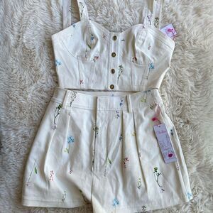 Parker Embroidered Cream Short Cropped Top Set Small